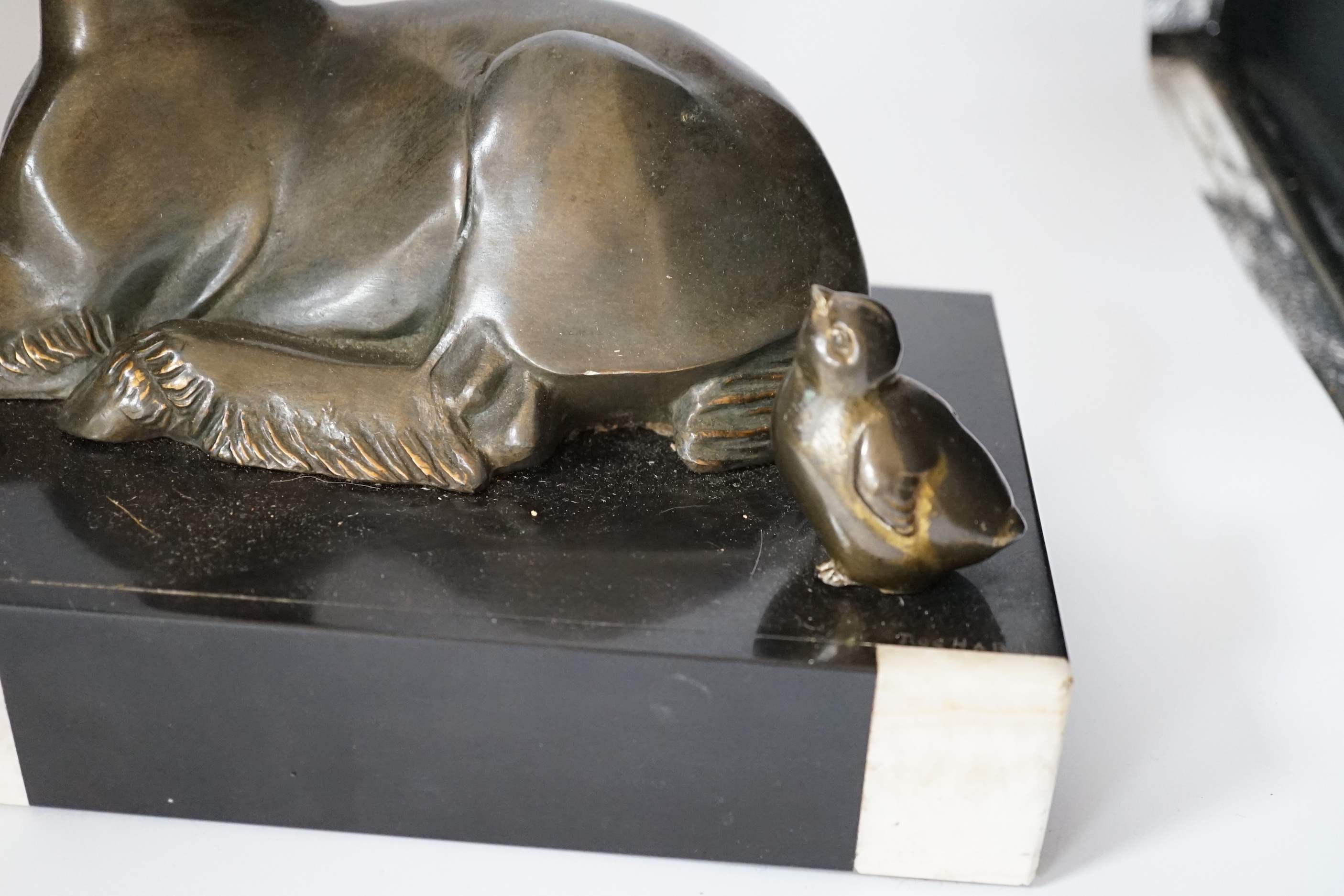 An Art Deco patinated spelter twin goat group on marble base, etched ‘Rochard’ on base, 36cm high